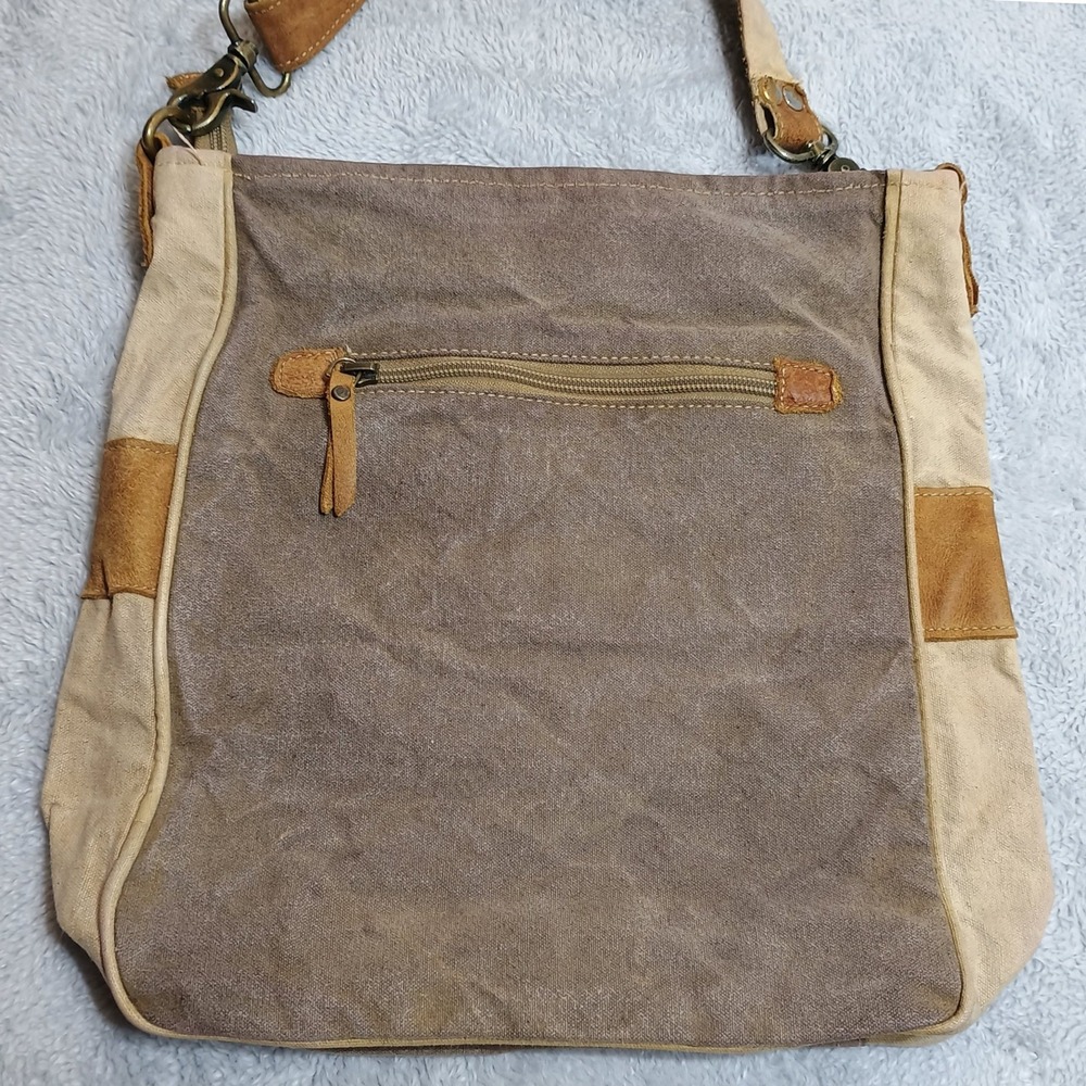 Myra Bag Crossbody Bag Womens Medium Tan Brown Upcycled Canvas Leather Rustic - Picture 2 of 9